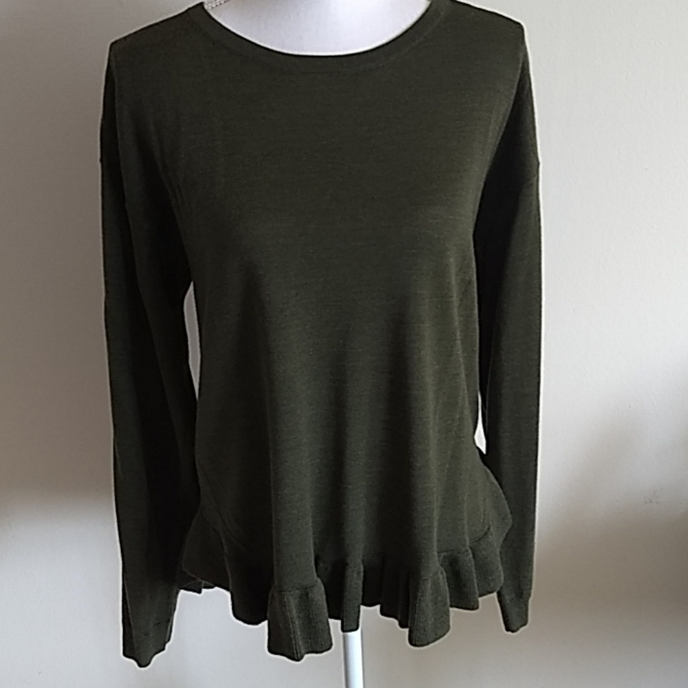 Olive Green Merino Wool Top with Ruffle Bottom